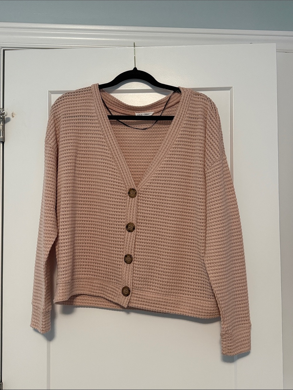 Waffle-Knit Button Cardigan in Blush Pink